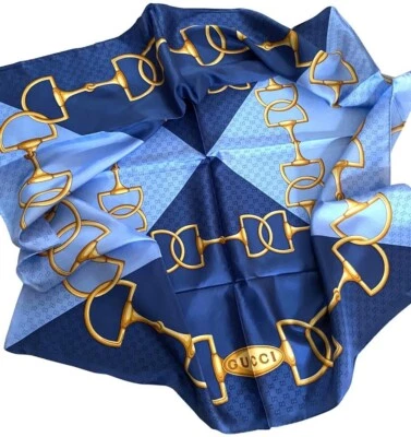 Unisex Gucci Bufanda GG Logo Horsebit Estampado Ecuestre Doble Azul Envoltura de Seda Foto 1 de 4