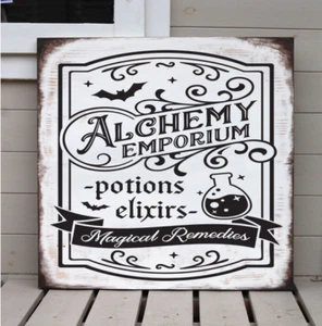 Rustic metal alchemy emporium potions elixirs halloween sign plaque - Picture 1 of 1