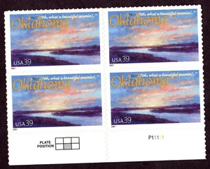 Scott #4121 — 39¢ Oklahoma "not Arizona" Plate Block of 4 Stamps - MNH Bottom - Picture 1 of 1