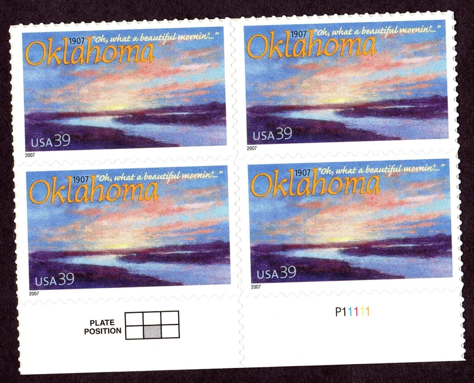 Scott #4121 — 39¢ Oklahoma "not Arizona" Plate Block of 4 Stamps - MNH Bottom - Image 1 of 1