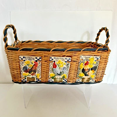 Decorative Wicker Basket with Rooster Ceramic Tiles Tan Rectangle Country - Image 1 of 4