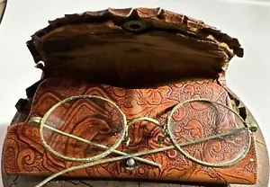 Vintage Wire Rim round Eyeglasses, Western, Tooled Leather Case- Repairs Needed - Picture 1 of 8