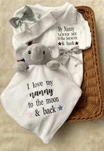 Newborn baby sleepsuit Hat comforter moon & Back Nanny Grandad personalised gift - Picture 1 of 5