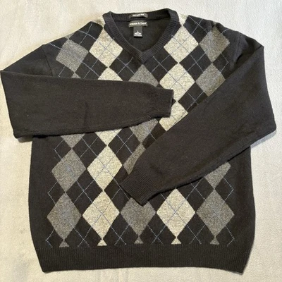 Suéter 100 % lana de cordero para hombre L negro gris cuello en V patrón geométrico Grayson&Dunn Foto 1 de 4