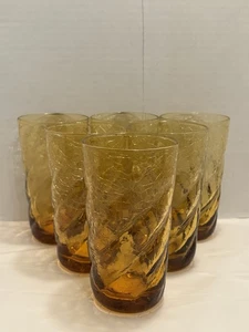 6 Vintage Kanawha Blown Amber Crackle Art Drinking Glasses Tumblers - Picture 1 of 11