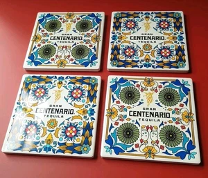 Set 4 Sottobicchieri Piastrelle Ceramica Tequila Gran Centenario - Bianco Blu Giallo - Foto 1 di 4
