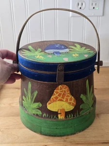 Vtg Wood Firkin Sugar Bucket Purse Hinge Lid Velvet Lined Hand Painted Mushroom  - Picture 1 of 15