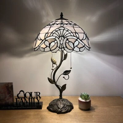 Tiffany Style Table Lamp White Stained Glass Baroque Style LED Bulbs H24”W14" - Image 1 of 4