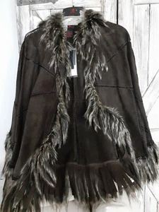 ADRIENNE LANDAU BROWN GENUINE LEATHER FAUX FUR FRINGE WRAP CAPE O/S WOMEN NWT - Picture 1 of 10