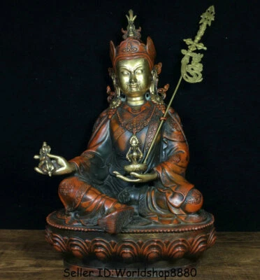 Estatua de Buda Padmasambhava Rinpoche Guru Oro Dorado 24k Cobre Rojo Tíbet 12,8" Foto 1 de 4