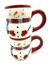 2 Snowman Ceramic Mugs Blue Red White Gloves Scarf Christmas Winter 11 oz
