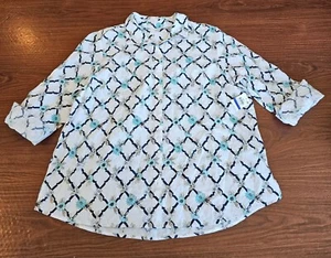 Women's Size XL Charter Club Printed Linen-blend Shirt 3/4 Sleeve In White-NWT - Picture 1 of 17