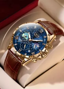Mens Watch Quartz Chronograph Leather Strap Luminous Luxury LIGE 2024 Wristwatch - Picture 1 of 13