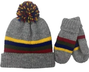 Unisex Kids Hat & Mitten Glove Set Multi-Color Striped Pom Pom Cuffed Knit - Picture 1 of 4