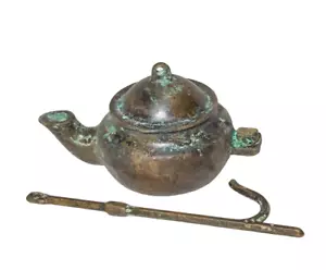 Antique Turkish Bronze Alloy Oil Lamp with a Cleaning Rod- Teapot Shaped - Picture 1 of 4
