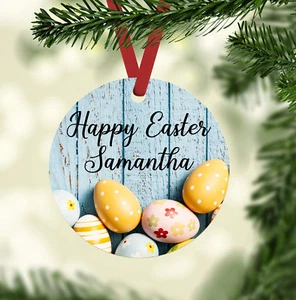 HAPPY EASTER RUSTIC EGGS PERSONALIZED METAL ORNAMENT GIFT TAG YOUR NAME HERE - Picture 1 of 1