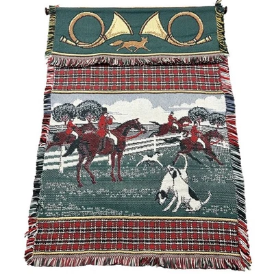Vintage Fox Hunting Tapestry Wall Hanging Horse Rider Dog Scene Blanket Classic - Image 1 of 4