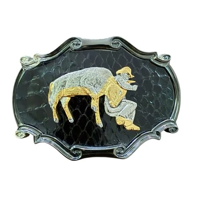 Vtg 70s Western Belt Buckle End of the Trail Native American Bull Leather Brass - Image 1 of 4