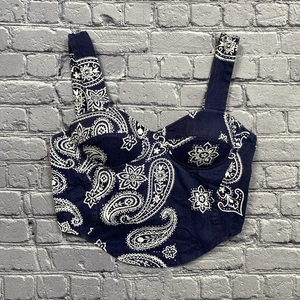 Necessary Objects Crop Top Size L Navy Paisley Bandana Boho CoastalCowgirl Faded - Picture 1 of 10