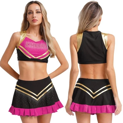 Mujeres Dos Piezas Uniforme Trajes Lentejuelas Camiseta sin mangas Camiseta corta con falda con volantes Foto 1 de 4