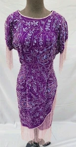 Vintage Casino Nites Kleid Seide lila Perlen Fransen ~ Größe M (Kostüm) - Bild 1 von 11