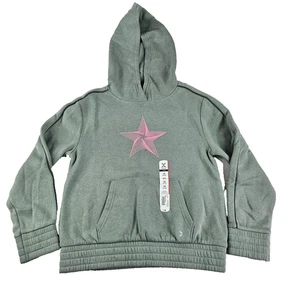 Xersion Girls Hoodie M 10/12 Smoke Green Fleece Pink Star Graphic Stretch Waist - Picture 1 of 10