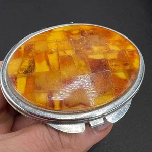 Vintage Genuine Baltic Amber Metal Makeup Compact Powder Box Mirror Decor Nice - Picture 1 of 8