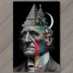 Art Print Surreal Gentleman Pyramid Tree Head Ornaments Moon Abstract Collage Vi - Picture 1 of 1