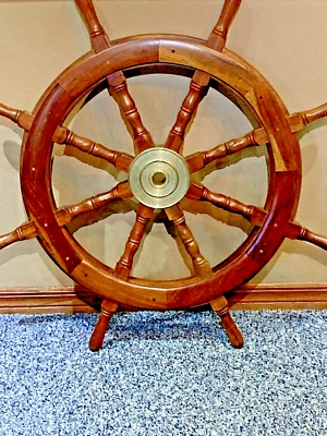 36 Inch Big Ship Steering Wheel Wooden Antique Teak Brass Nautical Pirate Ship's - Image 1 of 4