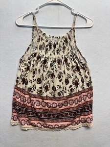 Boho-Style Sleeveless Floral Smocked Tank Top Eyeshadow L Cream/Red Cotton Blend - Picture 1 of 8
