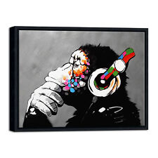 Black Framed Monkey With Headphones of Banksy DJ Chimp Pop Art Canvas Prints