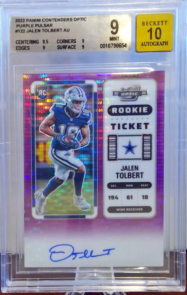 2022 Panini Contenders Optic Purple Pulsar Ticket /21 - Jalen Tolbert Auto BGS 9 - Image 1 of 2