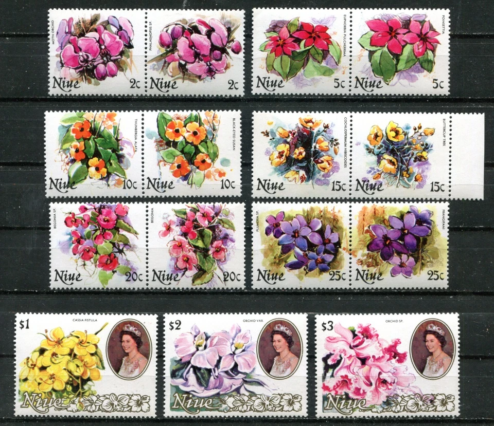 NIUE 1981, FLOWERS, 6 PAIRS AND 3 HIGH VALUES, Scott 317-322, 329-331. MNH - Image 1 of 1