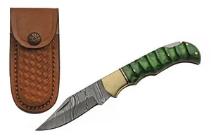 SZCO Supplies 6.5" Green Grooved Wood Handle Lock Back Damascus Steel Folding - Picture 1 of 6