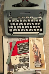 1970's Hermes 3000 Portable Typewriter Gray White Keys Hardcase Manuals & Brush - Picture 1 of 15