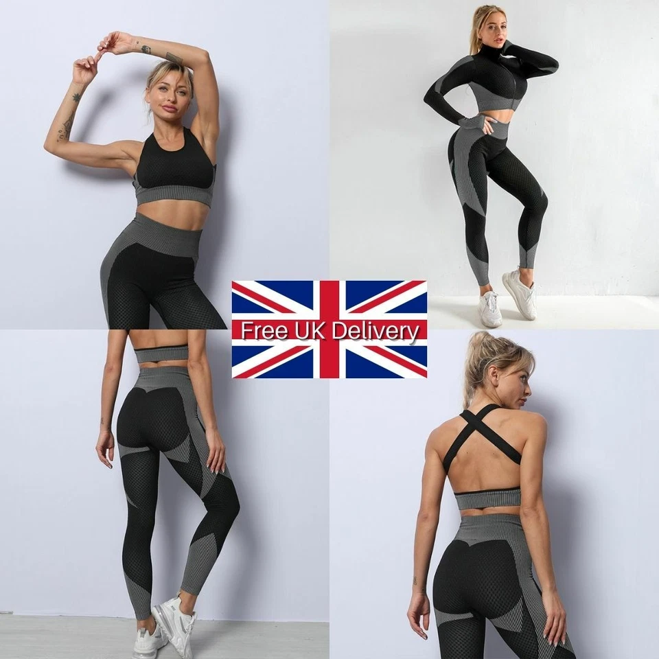 Women Seamless Gym Sports Set Black Crop Top Leggings Bra Jacket Outfit Grey UK - Image 1 of 1