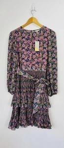 Boden Kleid Damen Größe 10 L rosa grün Blumen Chiffon Plissee Stufen transparenter Gürtel - Bild 1 von 8