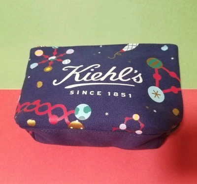 NEW Kiehl's Holiday Cosmetic Makeup Bag Zip Janine Rewell Pouch Blue Christmas  - Image 1 of 4