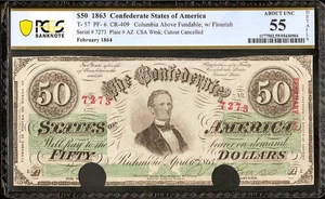 1863 $50 BILL CONFEDERATE STATES CIVIL WAR NOTE CSA PAPER MONEY T-57 PCGS 55 - Picture 1 of 2