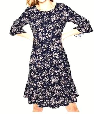 NUEVO CON ETIQUETAS VESTIDO FLORAL AZUL MARINO Y ROSA MANGA 3/4 VOLANTES HASTA LA RODILLA 8L Foto 1 de 4