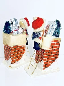 Vintage 1950s Santa Claus Chimney Decorations Japan Felt Bottle Brush Gifts Pair - Picture 1 of 8