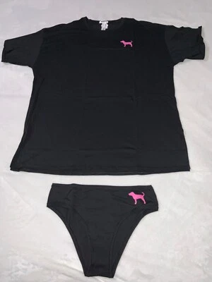 NWT VICTORIA'S SECRET PINK COTTON SIDE-SLIT TEE AND PANTY SET XLARGE BLACK DOG - Image 1 of 4