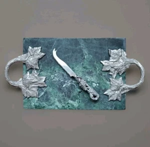 Vtg GODINGER Green Marble Metal Grape Handles Cutting Board Tray & Small Knife - Picture 1 of 11
