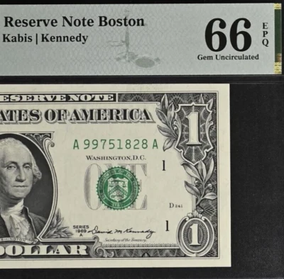 1969A $1 Federal Reserve Note - PMG 66EPQ - Boston - Kabis-Kennedy - Fr 1904-A - Image 1 of 3
