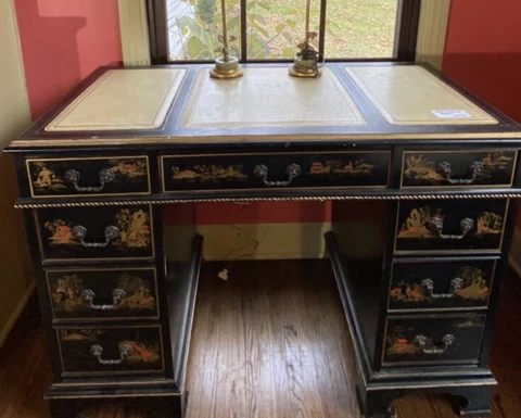 Antique Hand Painted Chinese Style Desk c. 1940’s  USA. With Leather Writing Pad Cover
