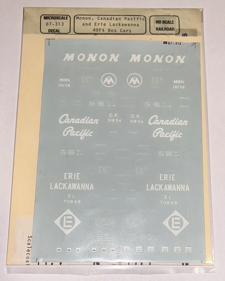MICROSCALE HO DECAL-ASST 40’ BOX CARS: MONON/CANADIAN PACIFIC/ERIE-LACK- #87-313 - Image 1 of 1