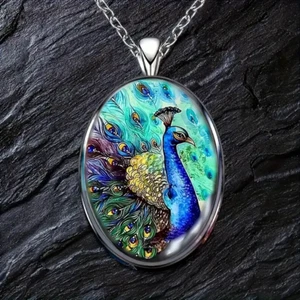 Peacock Beauty Oval Jewelry Vintage Silvery Gothic Bird Pendant Necklace - Picture 1 of 5