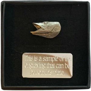 Personalised Gift Box & Hand Made Pike`s Head Fish (F21) Pewter Pin Badge - Picture 1 of 8