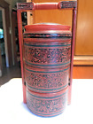 Burma 70s Betel nut or lunch box, 3 stacking cups &amp; lid.laquer, VINTAGE, Ex. C