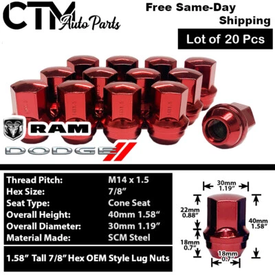 20x Rojo Dodge Charger Challenger RAM1500 OEM Tuerca de fábrica 14x1,5 Rueda de stock Foto 1 de 3